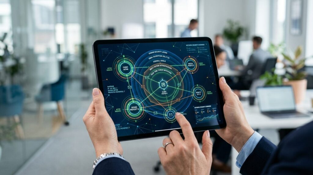 Close-up of hands holding tablet showing interconnected netw