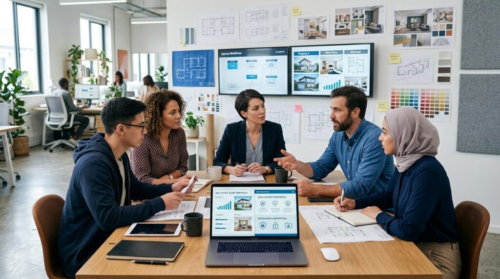 Team of digital agency professionals in contemporary open of