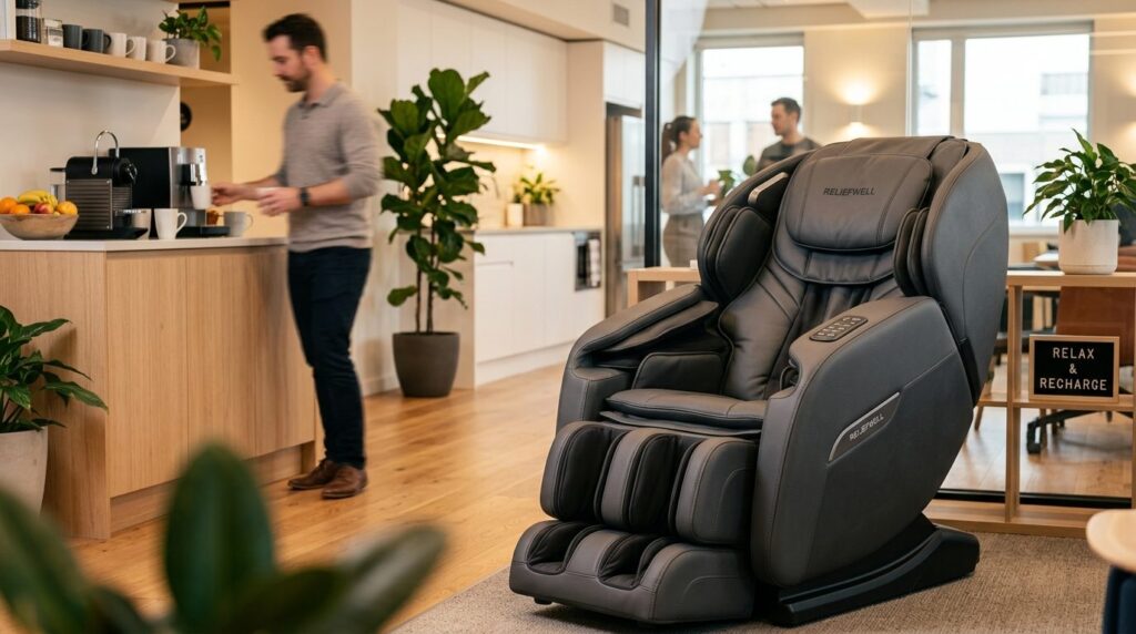 Close-up of a professional massage chair in an office break