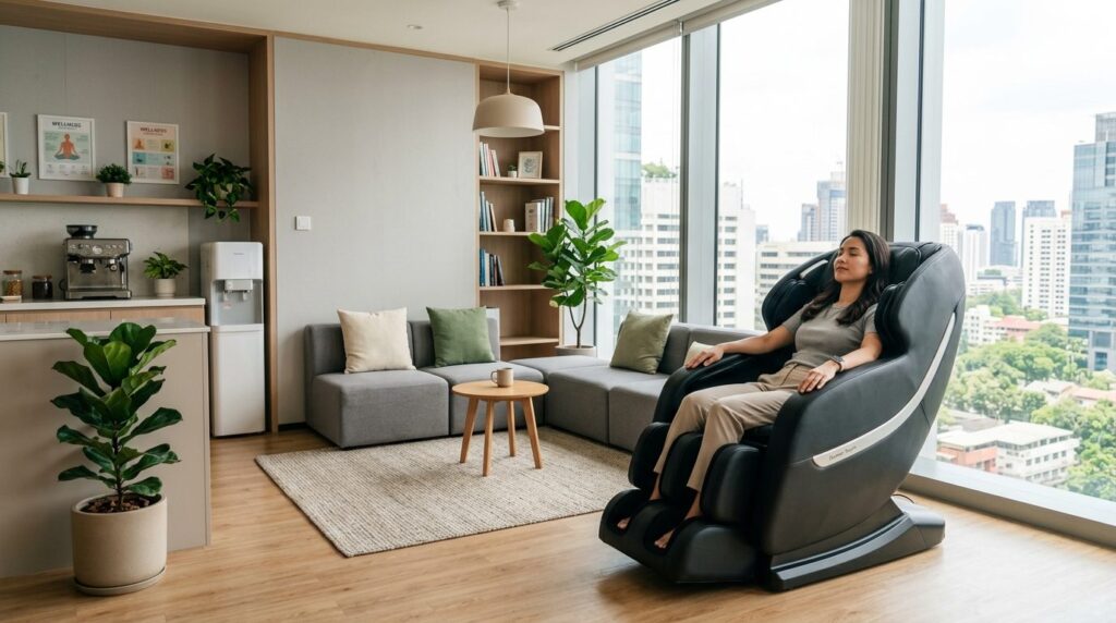 Cozy office break room interior with massage chair positione