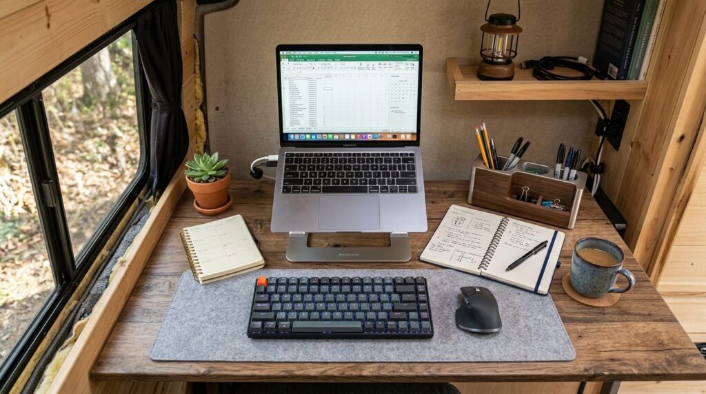 Close-up overhead view of a well-organized mobile office des
