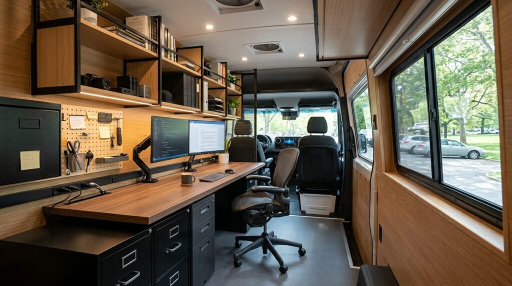 Interior side view of a van office with mounted shelving uni