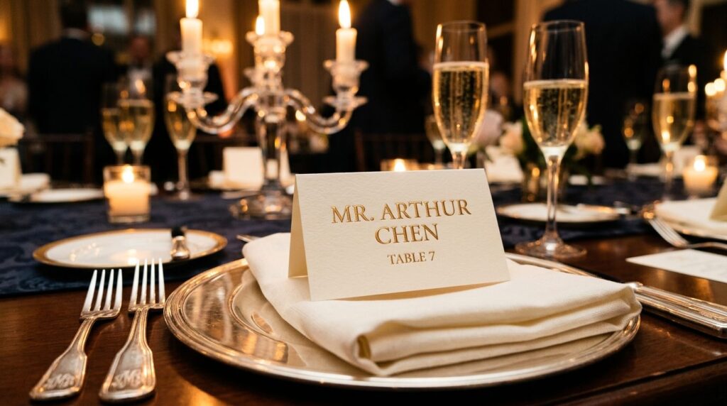 Close-up detail shot of a custom printed place card with emb