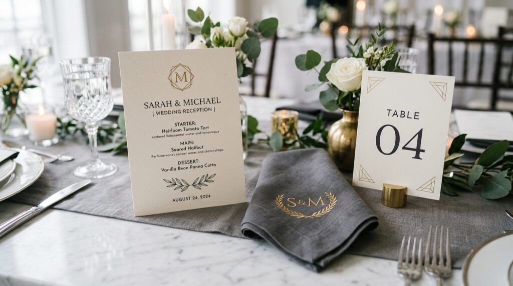 Styled table corner showing personalized printed menu card,