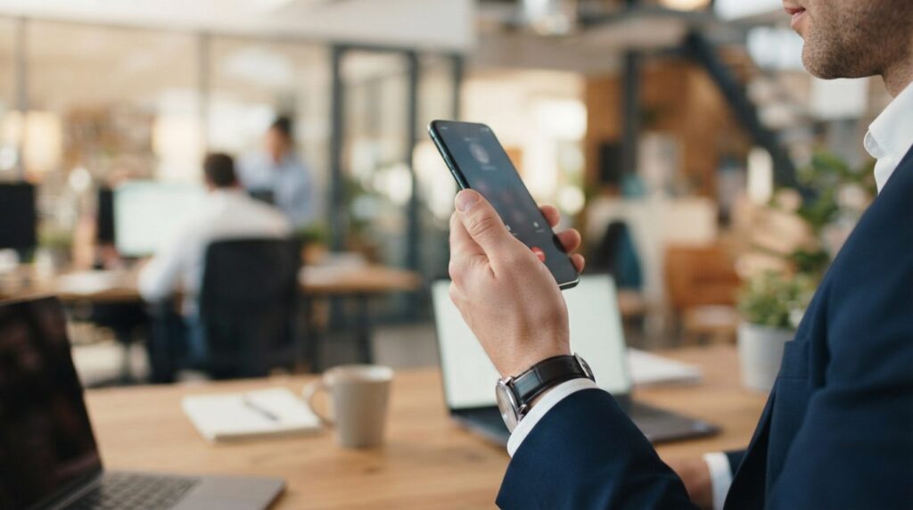 Close-up of professional businessmans hand holding smartpho