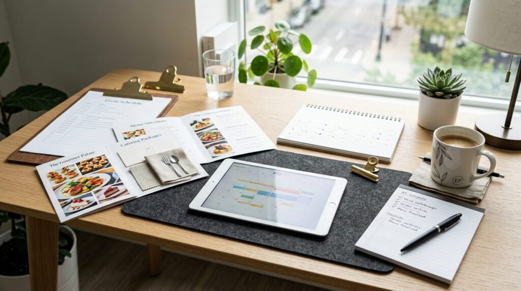Close-up of a professional event planners desk with tablet,