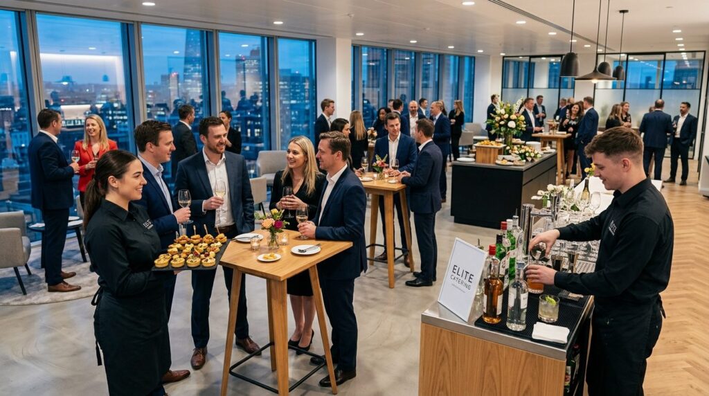 Corporate event catering service in a modern office setting 