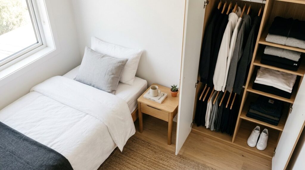 Flat lay lifestyle shot of a minimalist bedroom corner showi