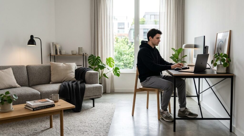 Modern minimalist living room and work zone hybrid space, fe