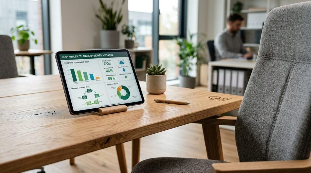 Close-up of eco-friendly office desk made from FSC-certified