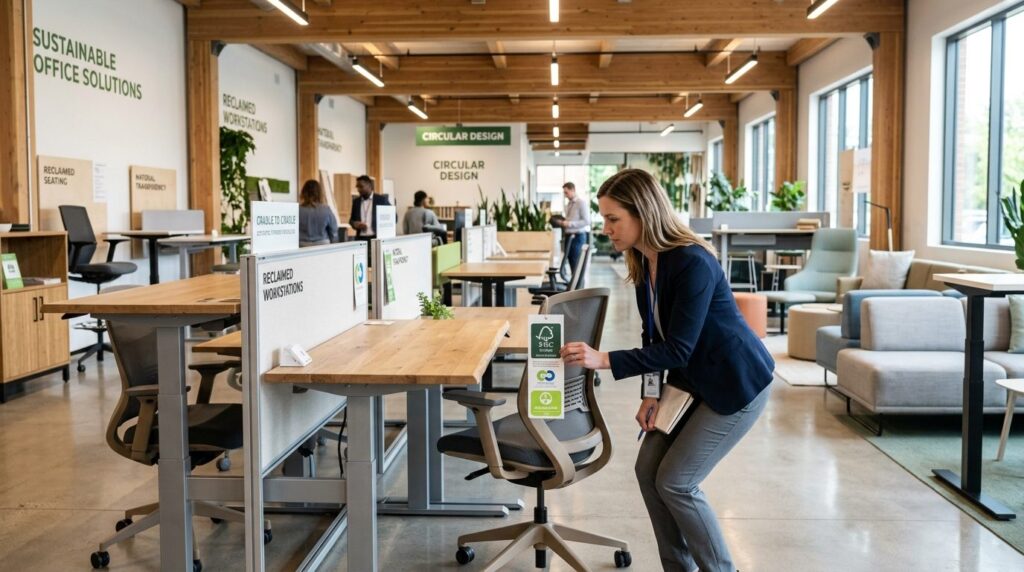 Corporate office furniture showroom with diverse sustainable