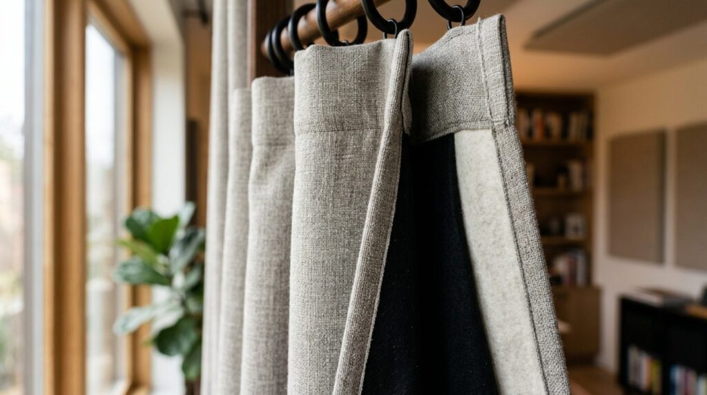 Close-up detail shot of high-quality curtain fabric with sou