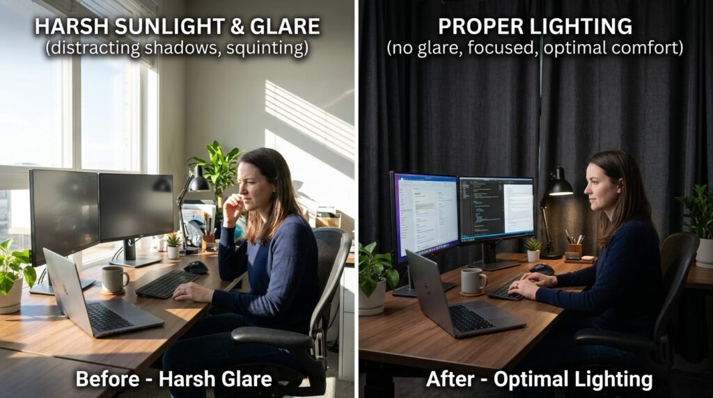 Modern home office split-view comparison: left side shows ha