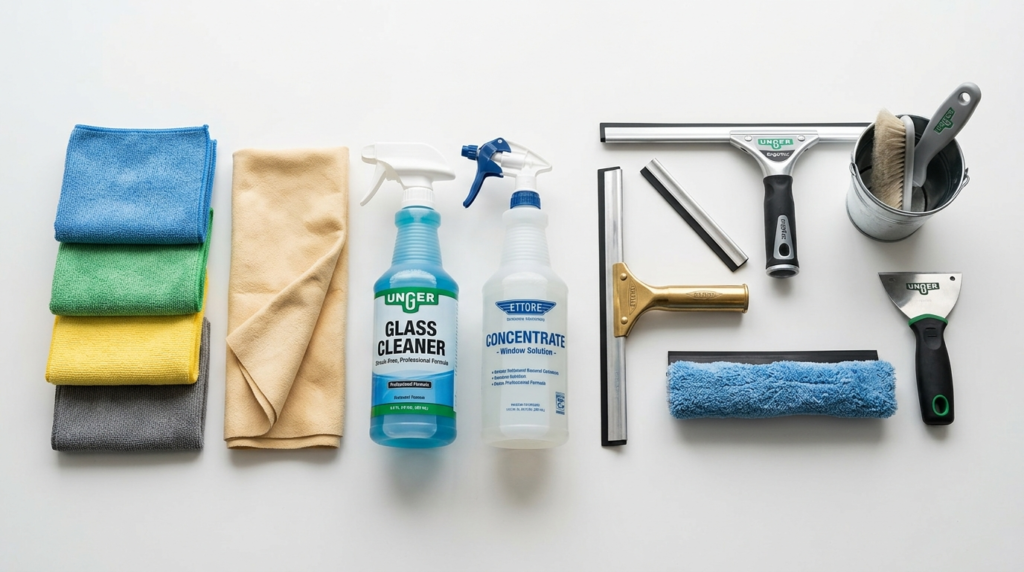 Close-up of professional window cleaning supplies and tools