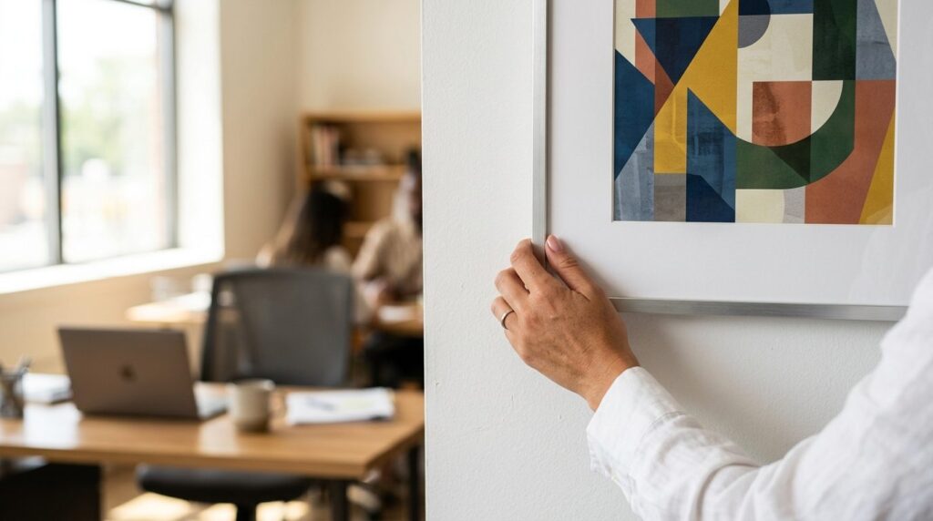 Close-up detail shot of a womans hand adjusting an abstract