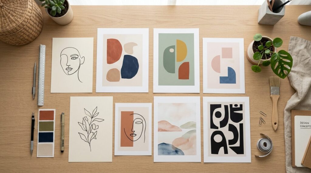 Overhead flat lay composition of art poster samples arranged