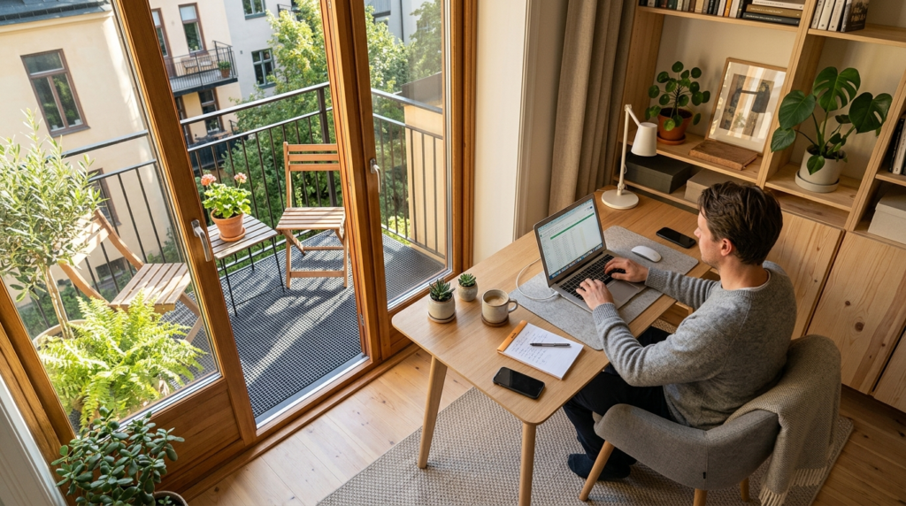 Overhead view of a Scandinavian home office workspace with a