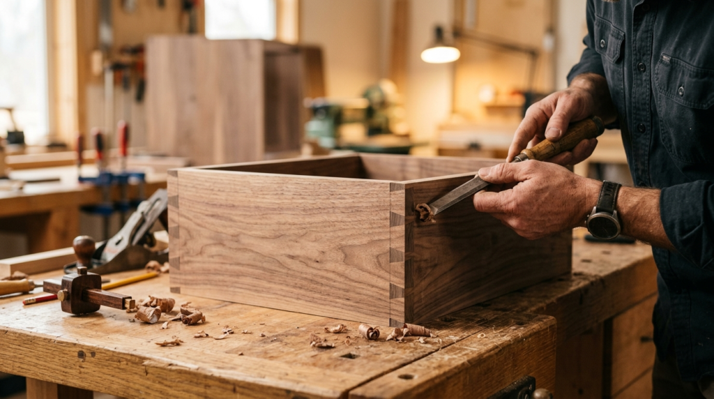Close-up detail shot of artisan woodworking craftsmanship on