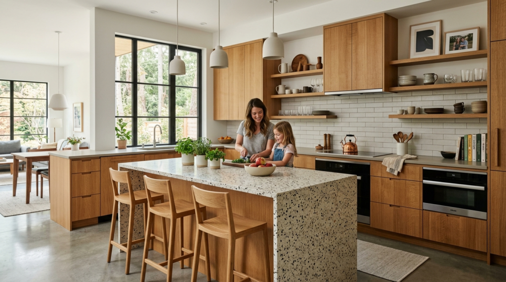 Modern sustainable kitchen interior with bespoke wooden cabi