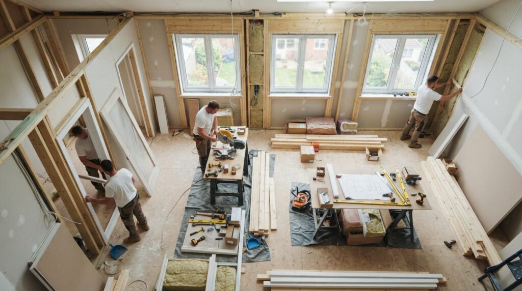 Aerial view of a modern home office renovation project with 