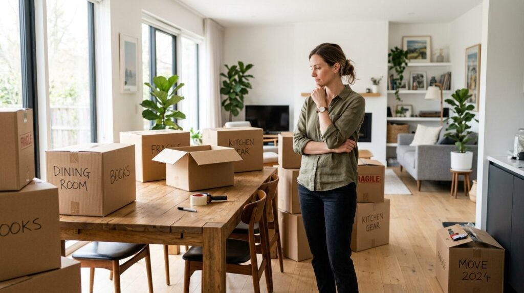 Realistic photograph of a female homeowner standing in a liv